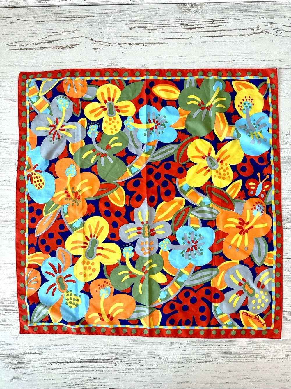 KEN DONE Vintage Floral Silk Scarf Square Art to Wear Collectible